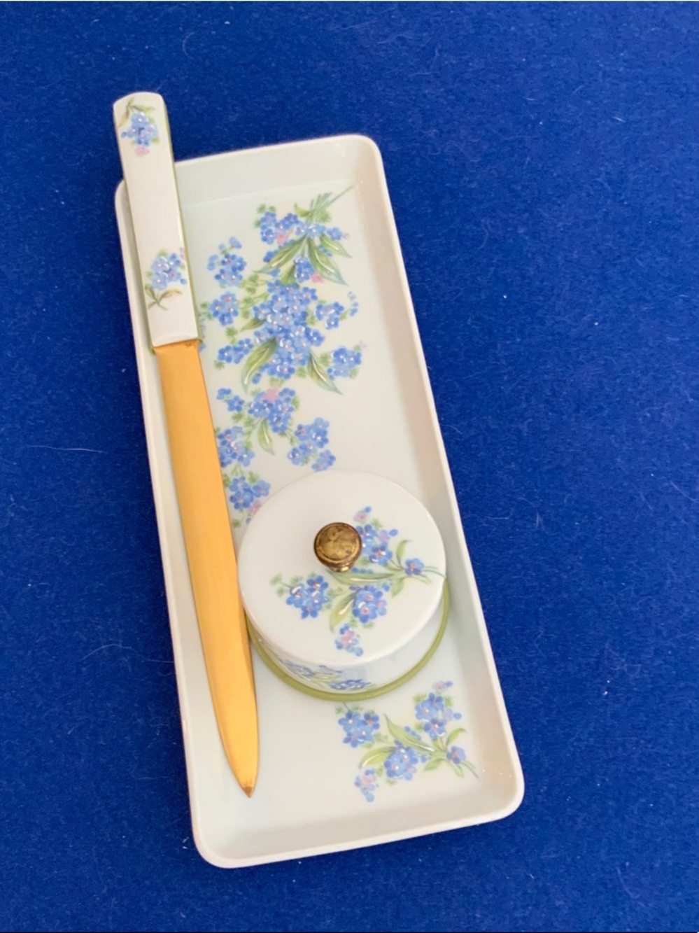 Limoges of France White Porcelain Desk Set with Blue Floral Motif